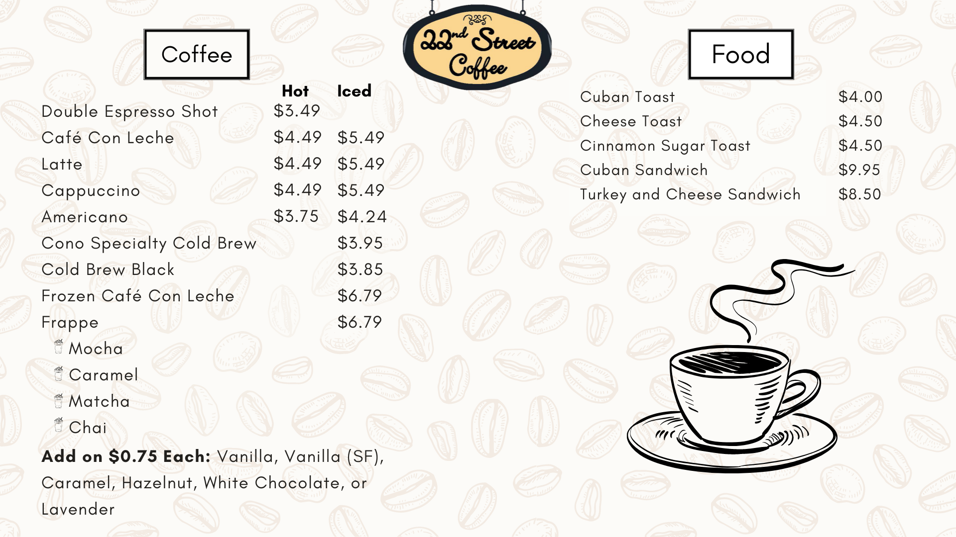 22nd Street Menu